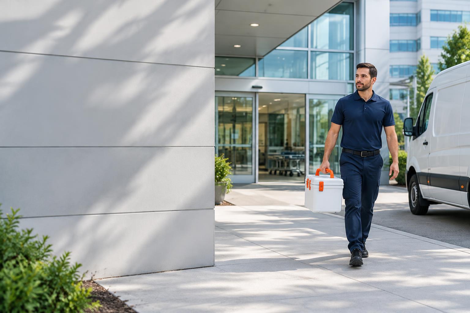 Medical courier carrying a sealed transport case outside a hospital